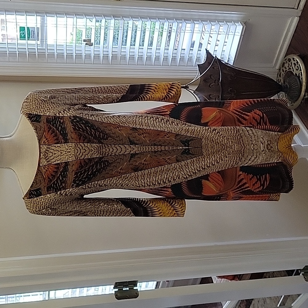 Ivanka Trump brown tan orange teal print long sleeve pullon dress stretch S EUC
